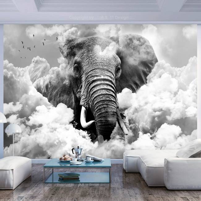 Fototapeta - Słoń w chmurach (czarno-biały)